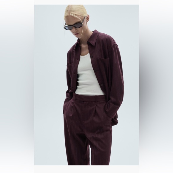Mango Pants - Mango Pinstripe Shirt and Trousers Set - Plum